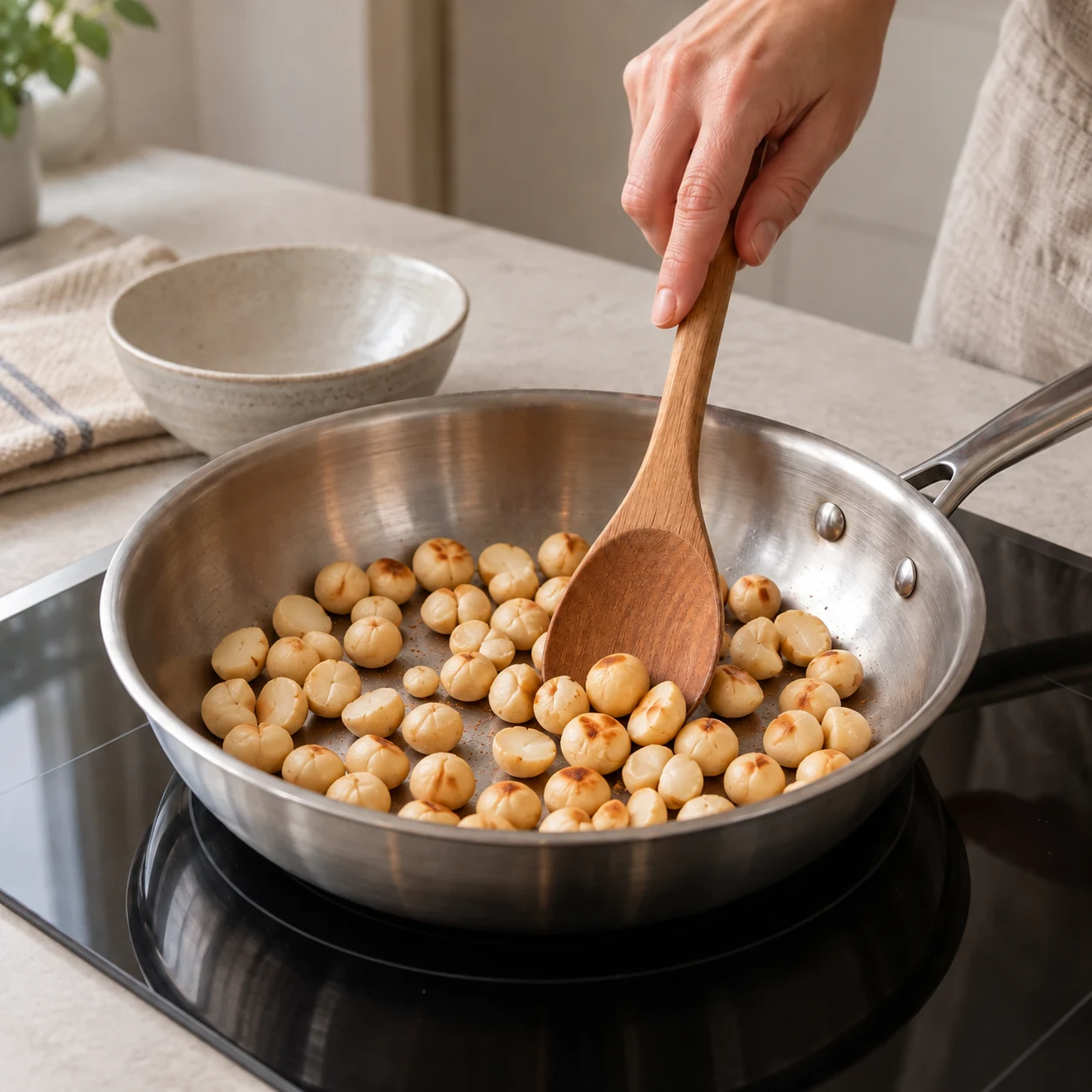 Macadamia nuts toasting in a skillet