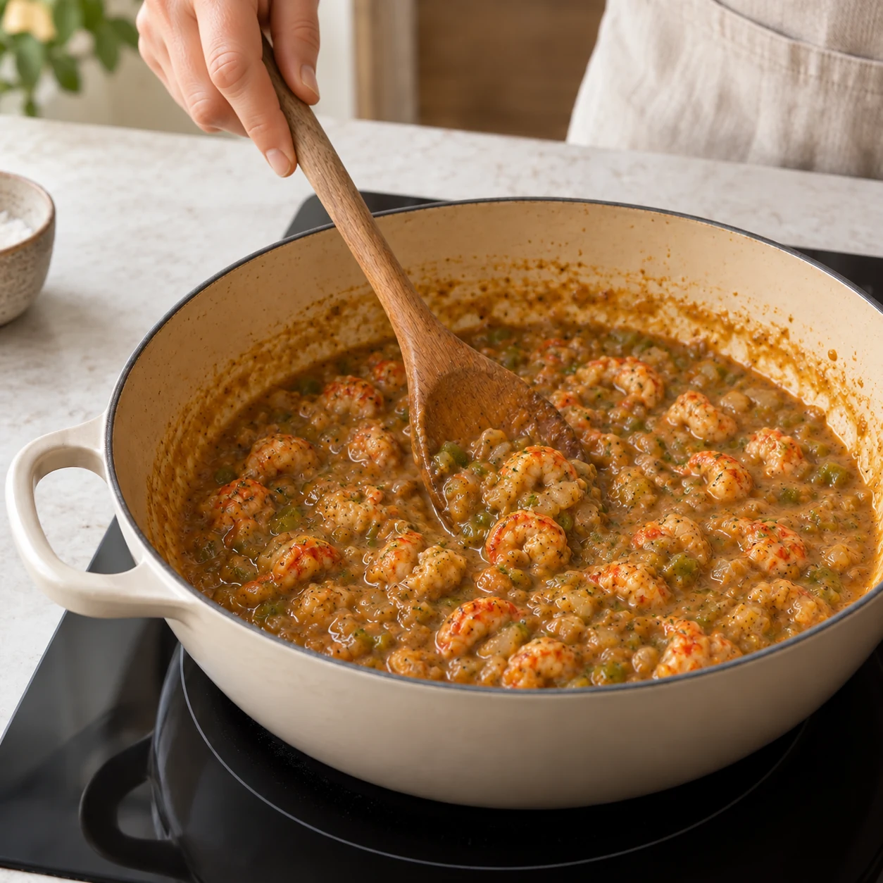 Crawfish warming in etouffee sauce before adding the gnocchi