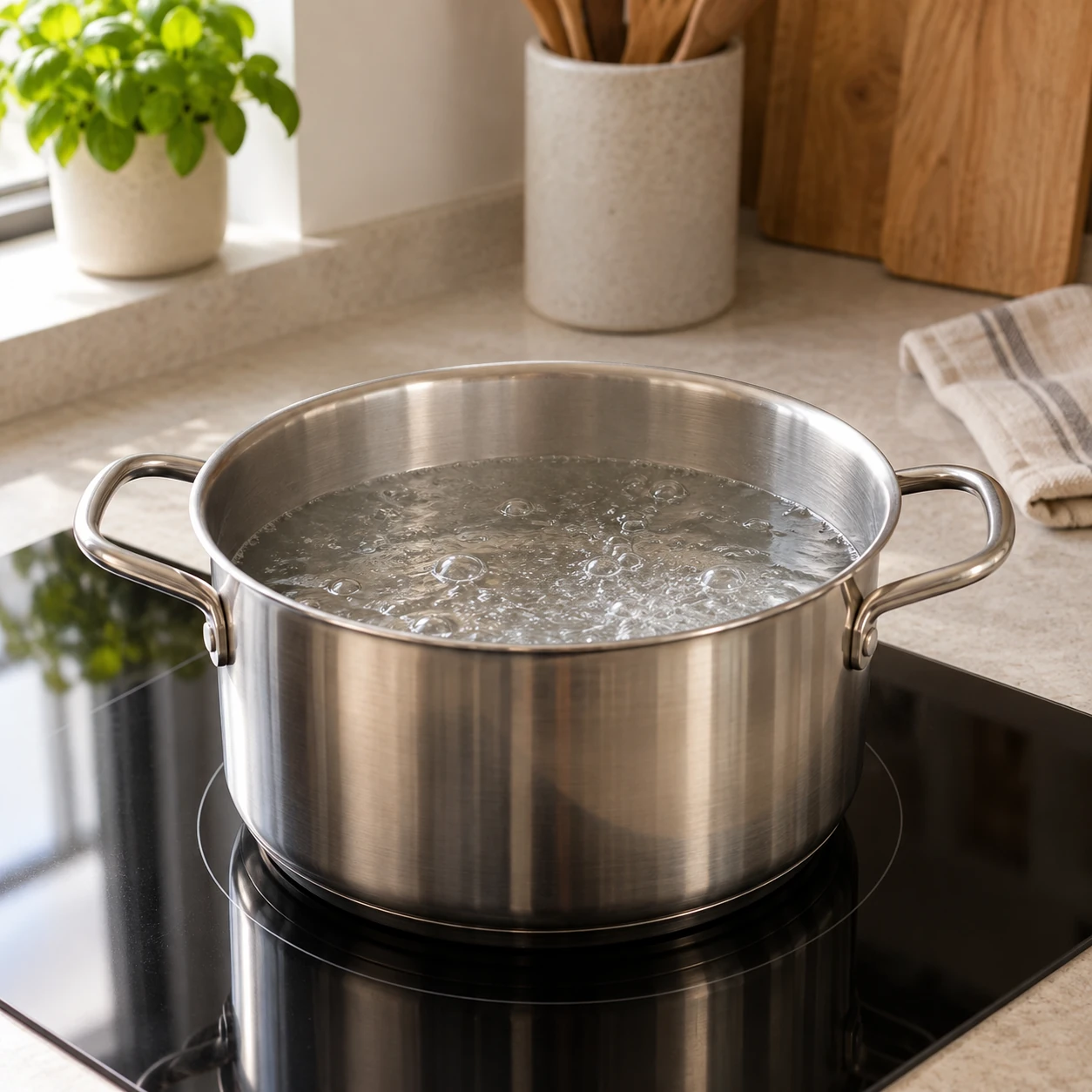 A pot of water heating on an electric stovetop