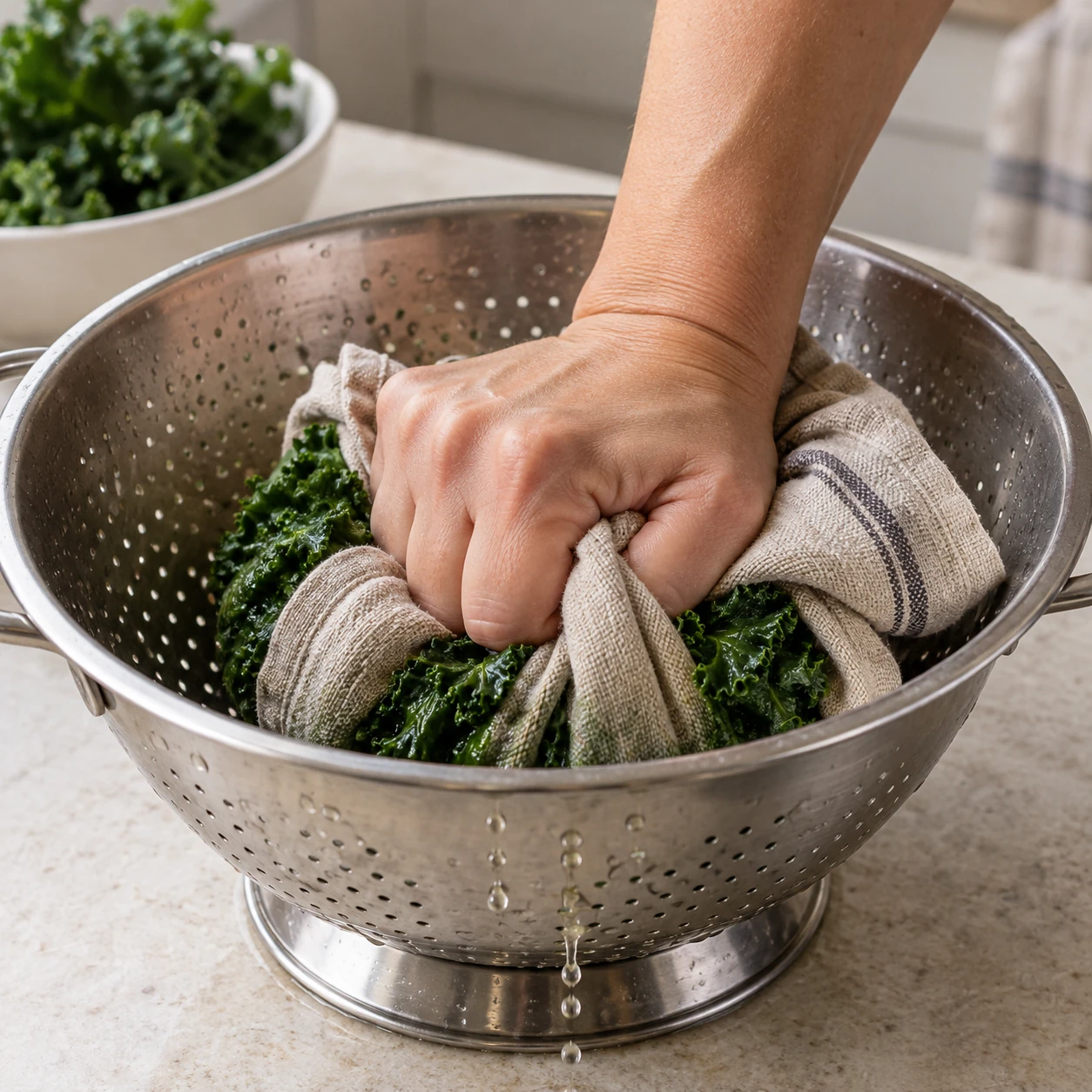 Prepare the kale and rice the potatoes