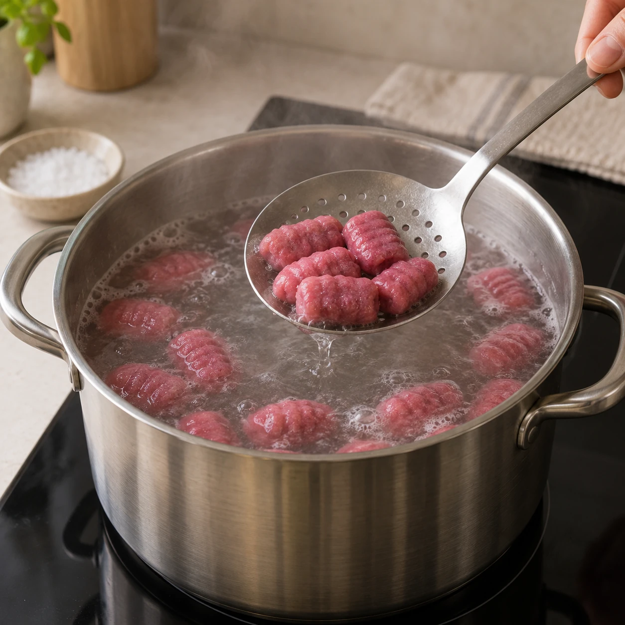 Heat the cooking water and poach the gnocchi