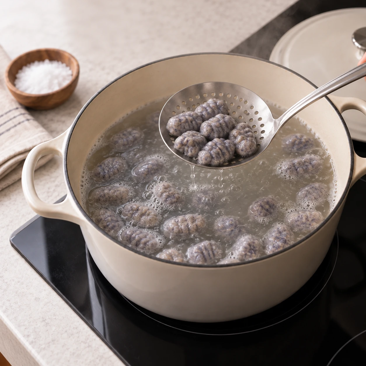 Heat the cooking water and poach the gnocchi