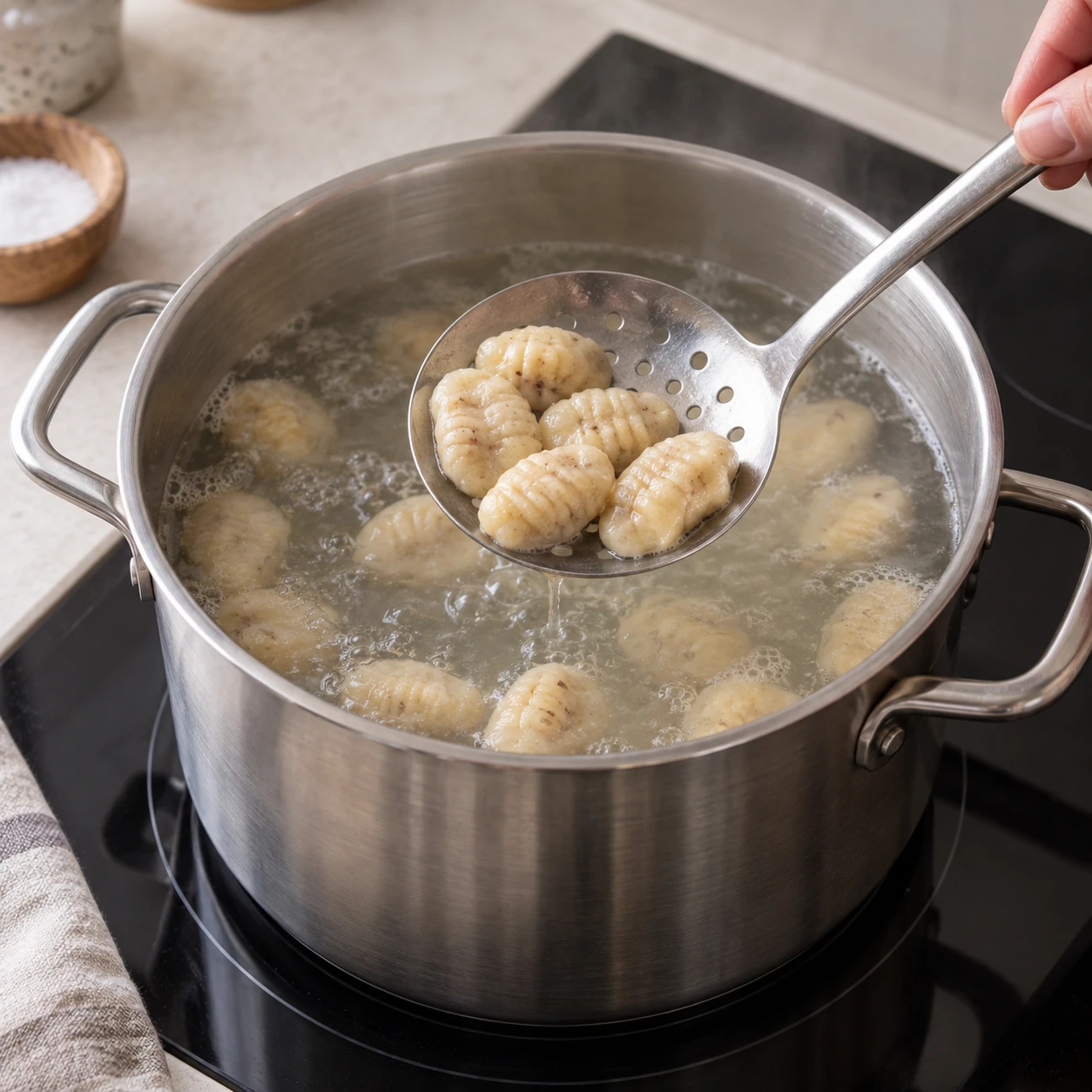 Heat the cooking water and poach the gnocchi