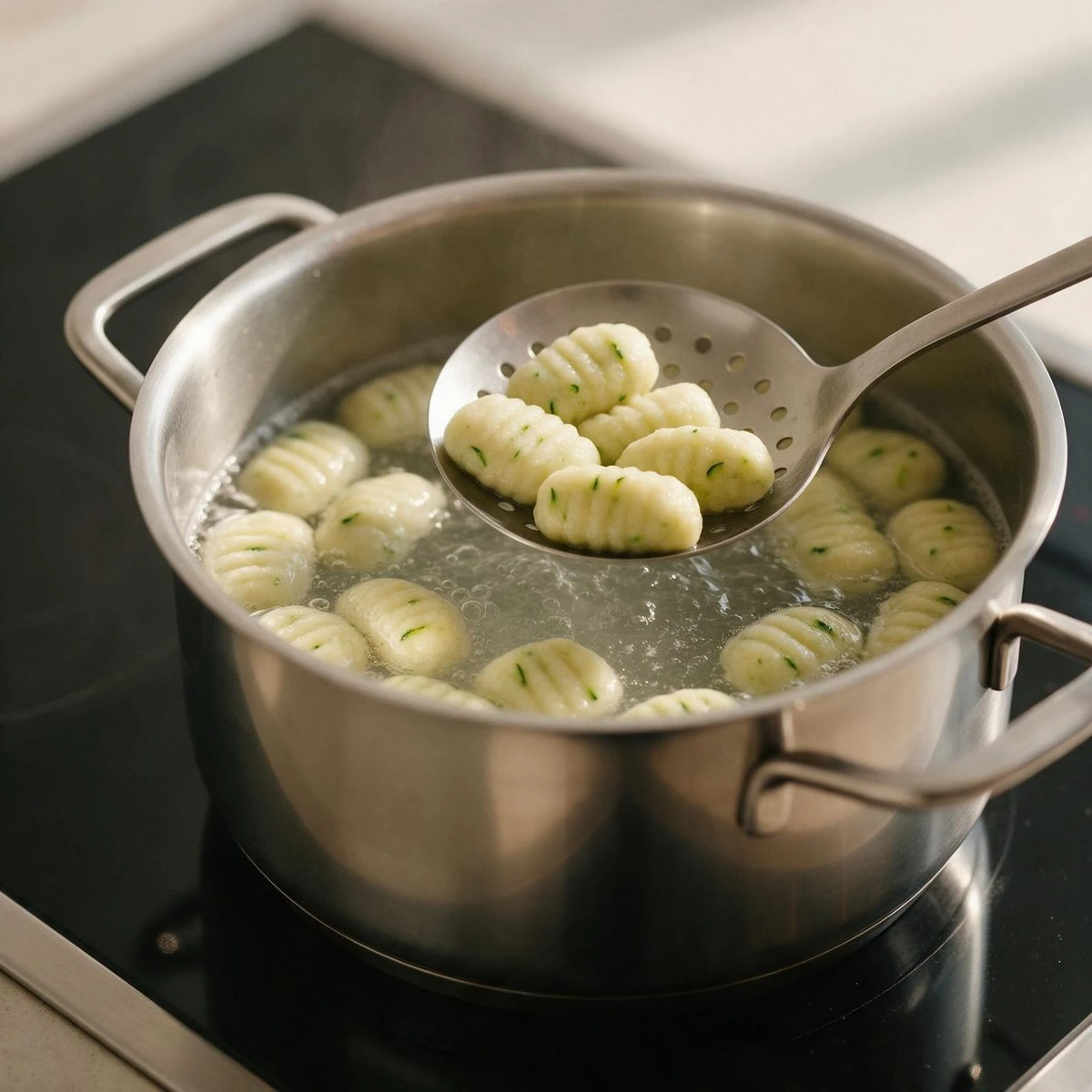 Heat the cooking water and poach the gnocchi