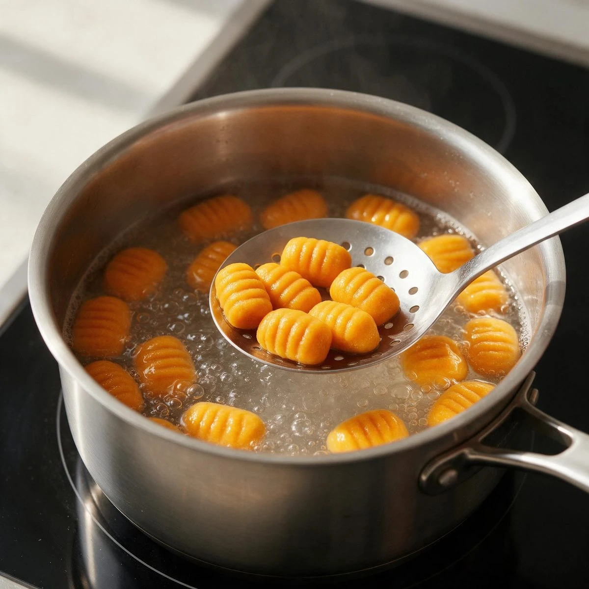 Heat the cooking water and poach the gnocchi