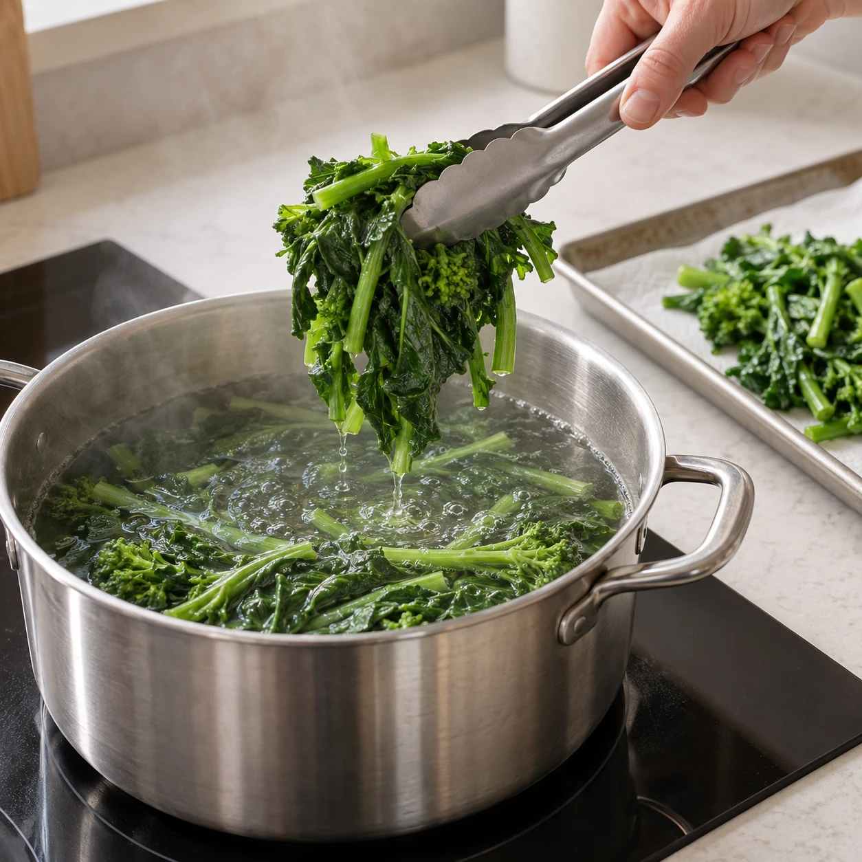 Blanch the broccoli rabe