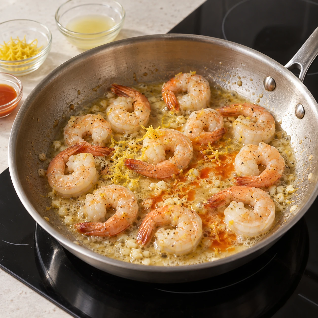 Cook the shrimp and sauce
