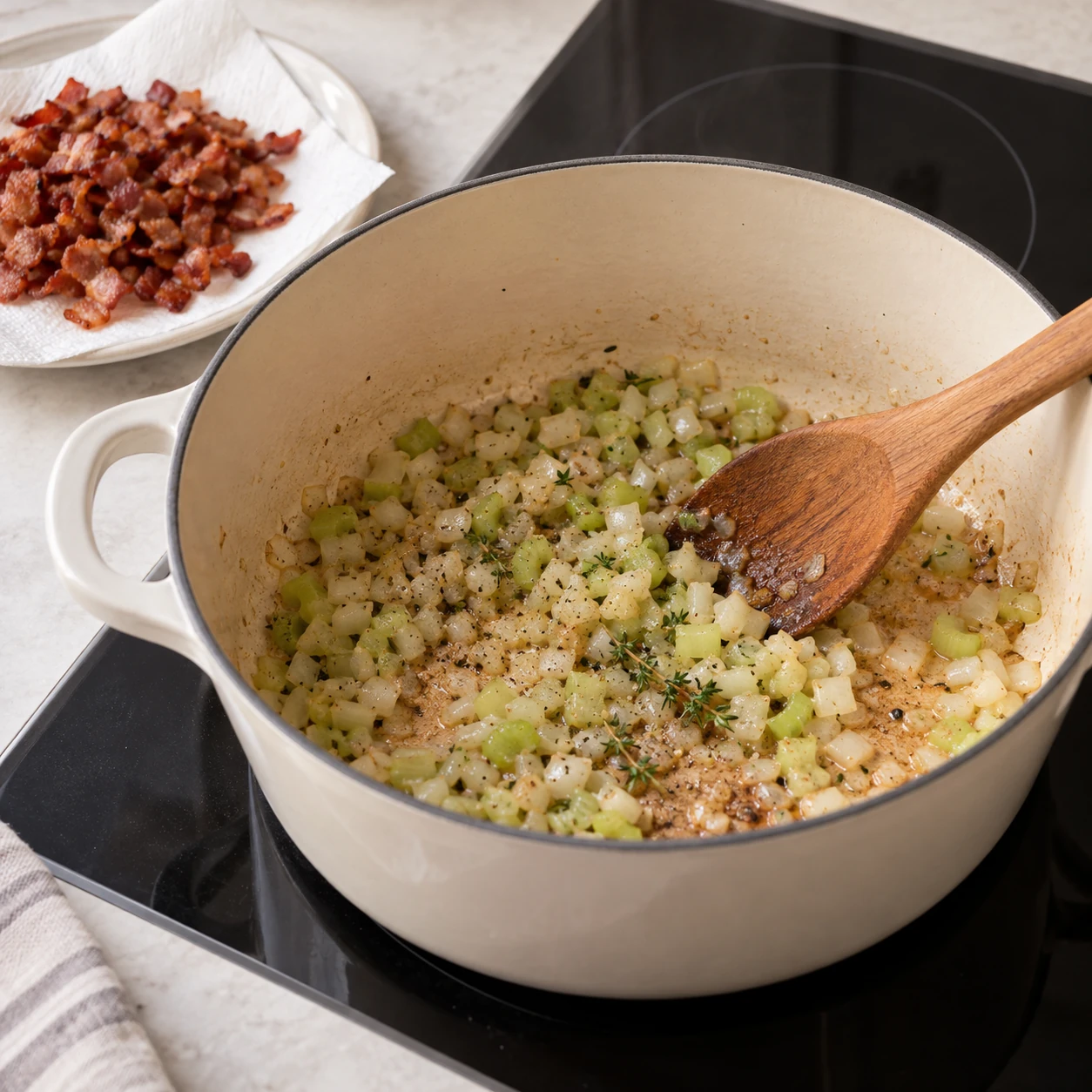 Cook the bacon and vegetables