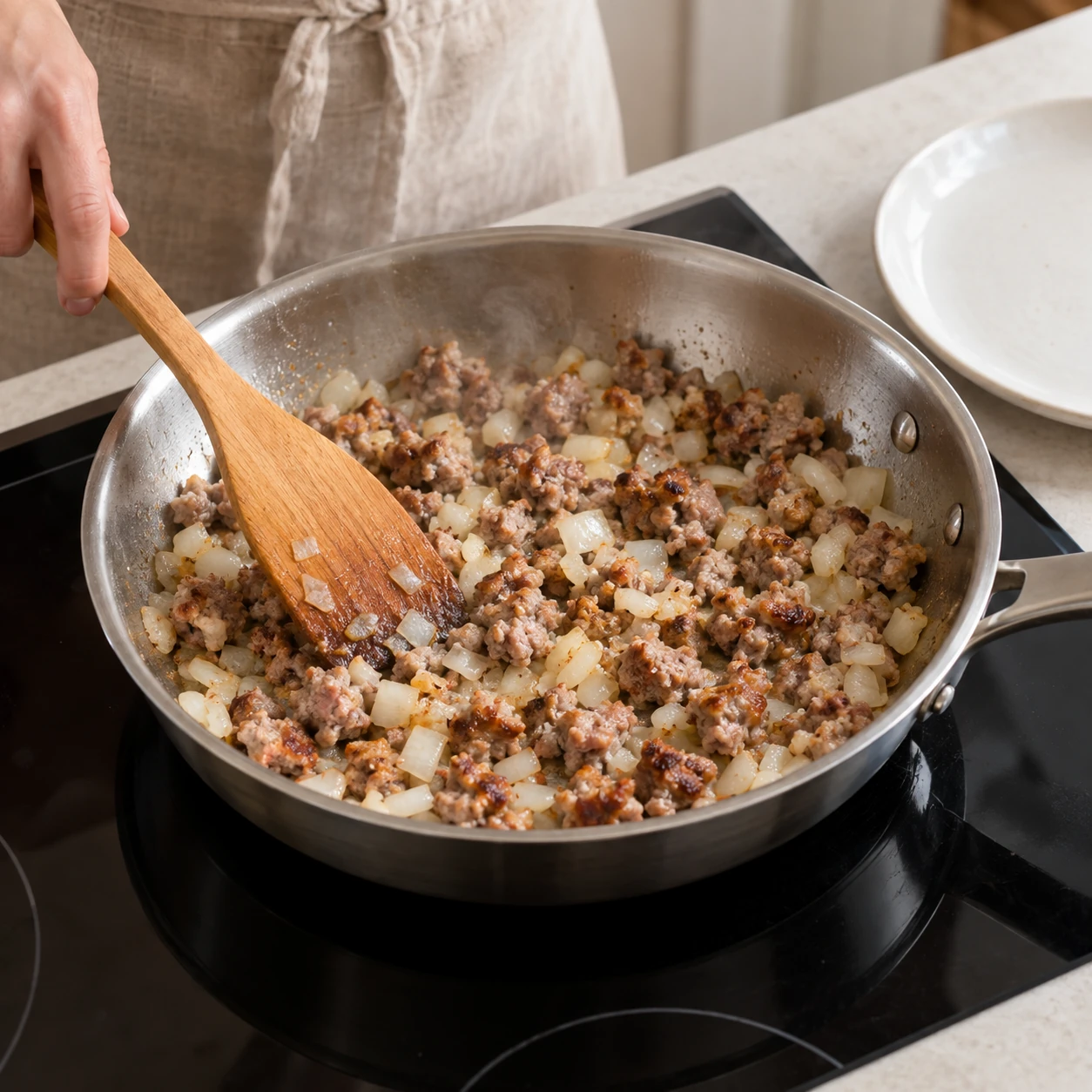 Brown the bratwurst and onion