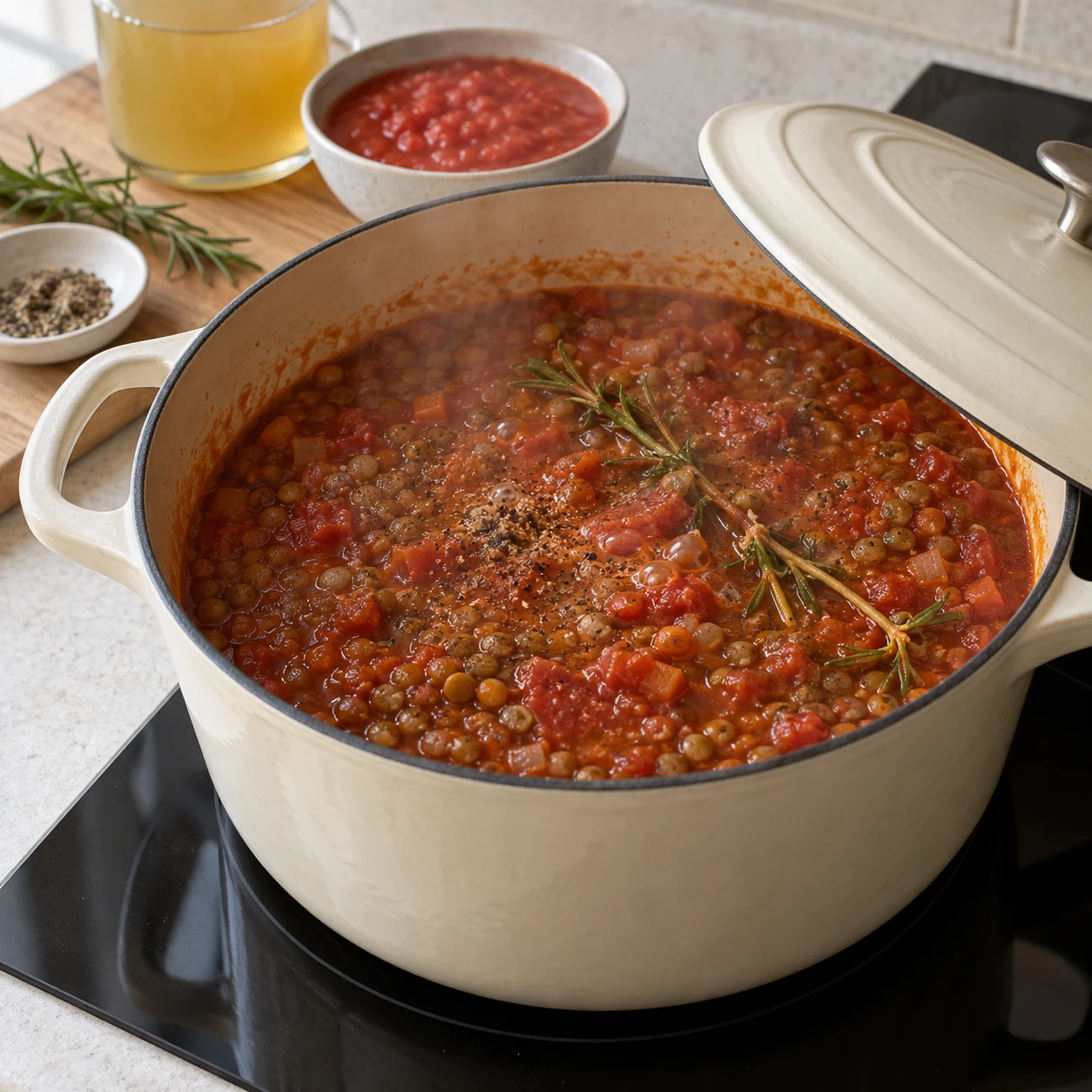 Simmer the lentil ragù