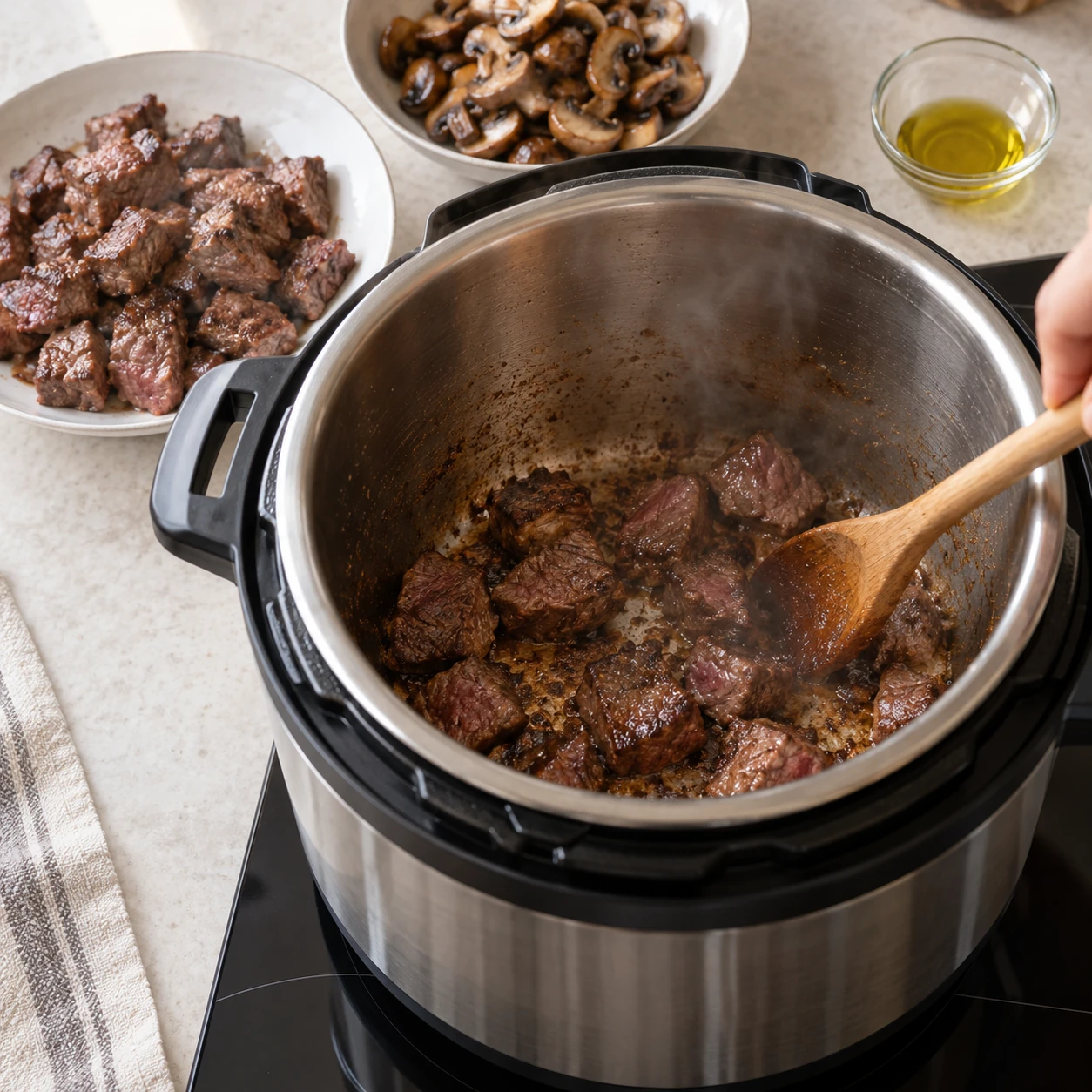 Sear the beef and mushrooms