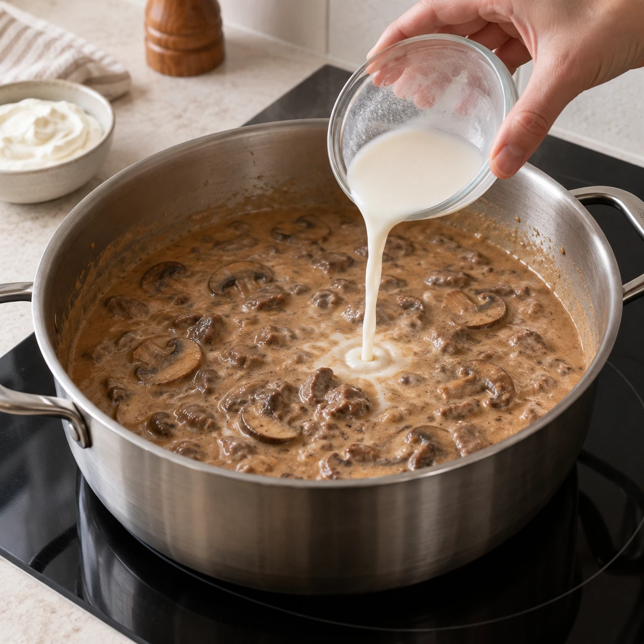 Finish the stroganoff sauce