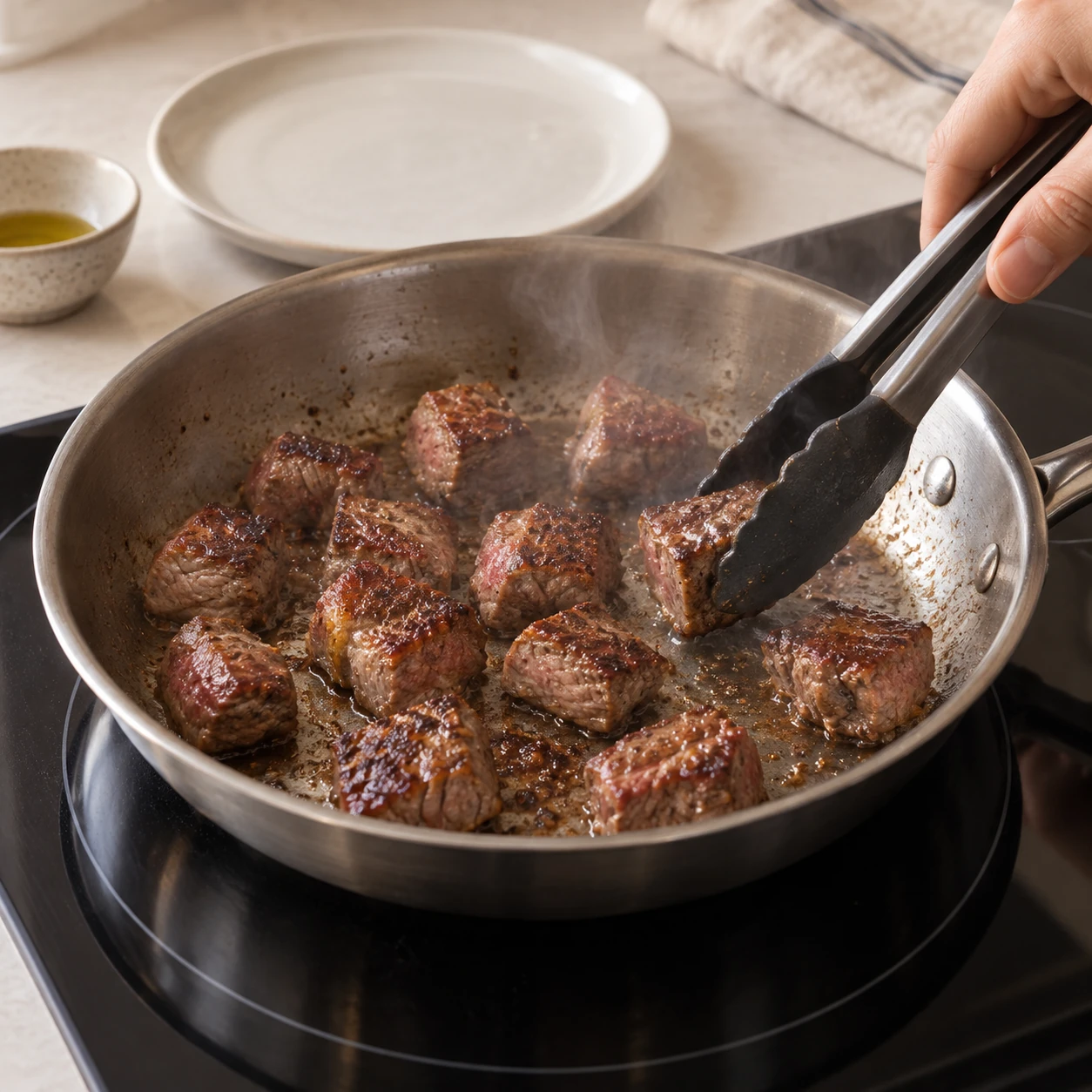 Sear the steak bites