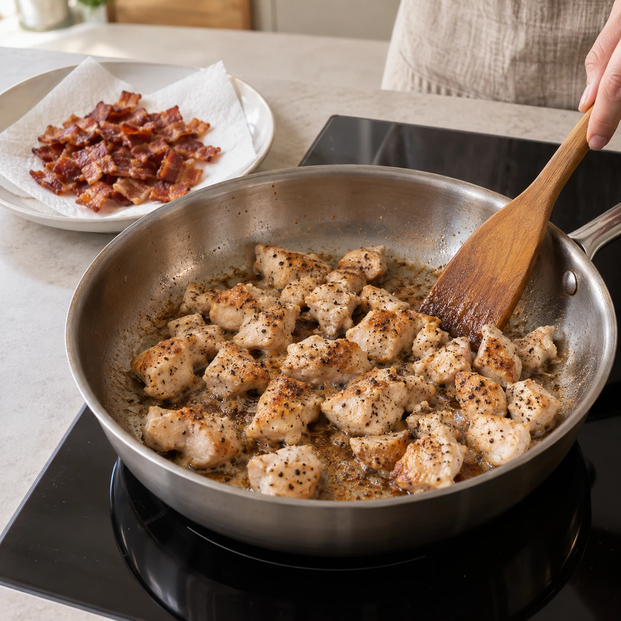 Cook the bacon and chicken