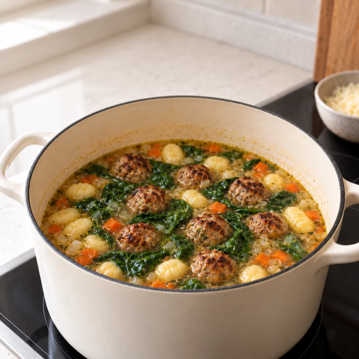 Gnocchi, meatballs and greens in the finished soup
