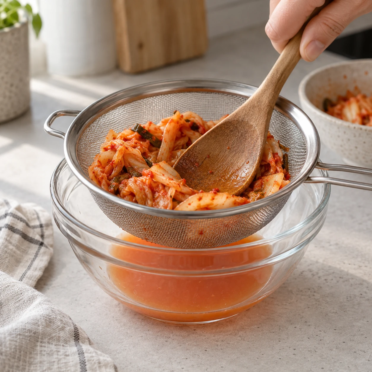 Separate the kimchi and brine