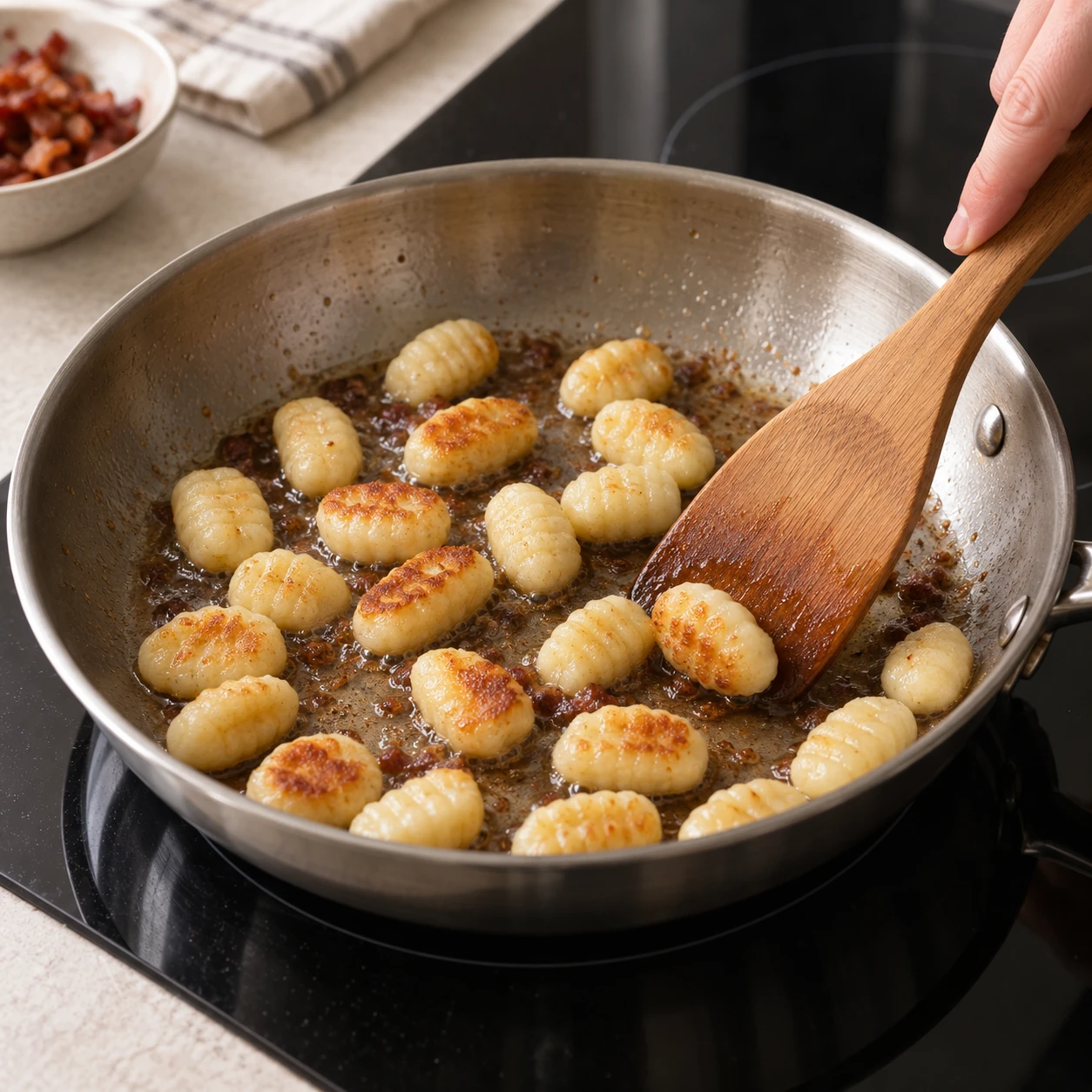 Crisp the bacon and gnocchi