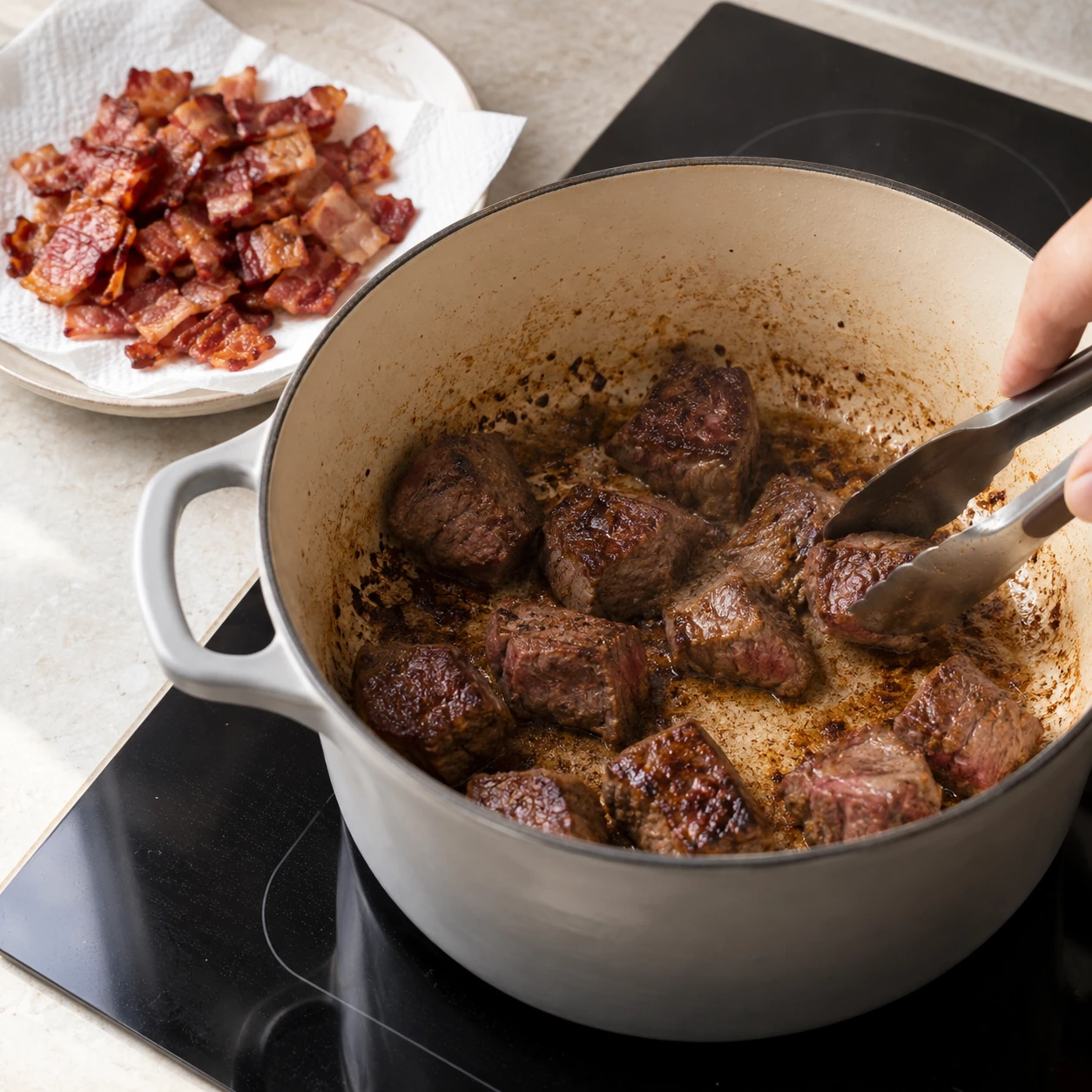 Render the bacon and brown the beef