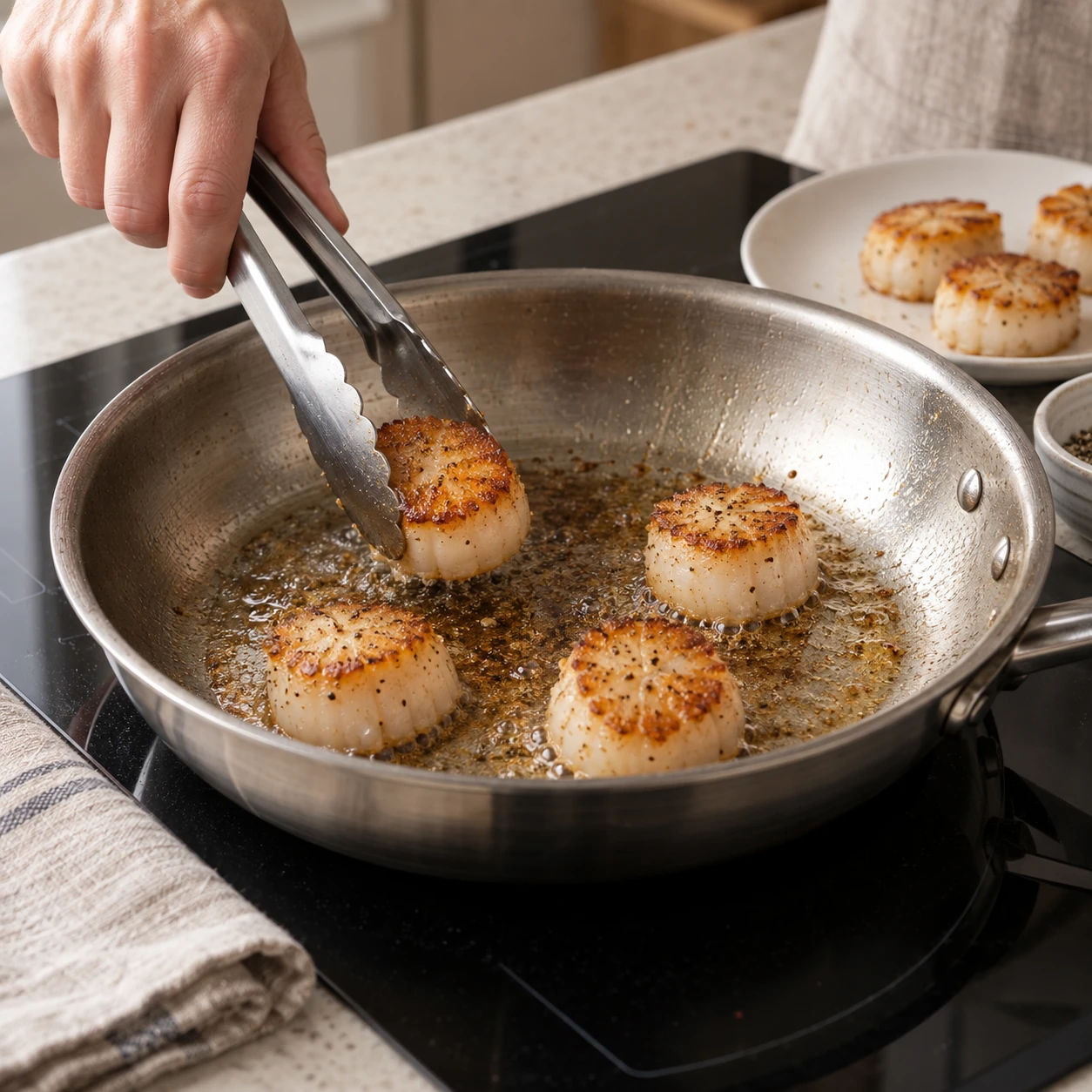 Sear the scallops in two loads
