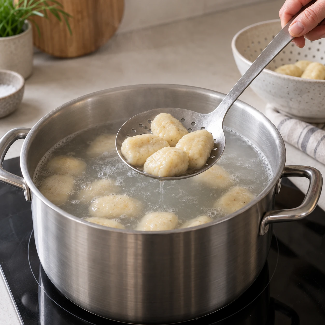 Poach the bread gnocchi
