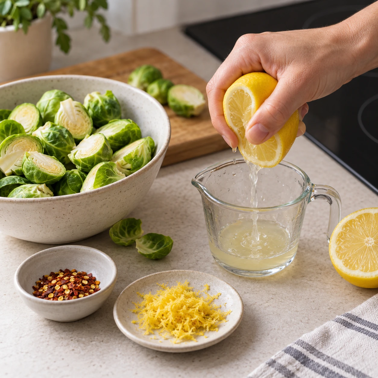 Prepare the Brussels sprouts and lemon