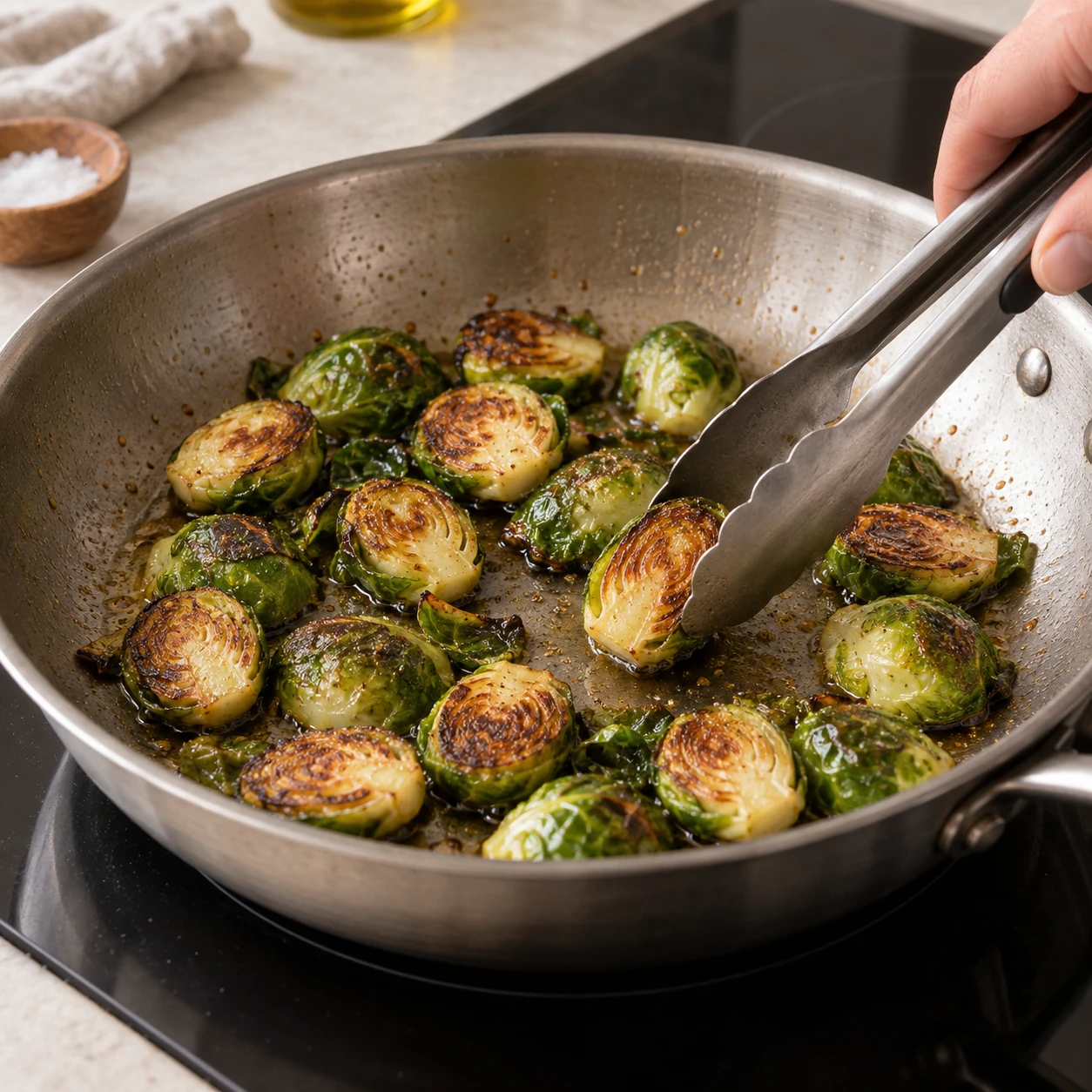 Sear the Brussels sprouts