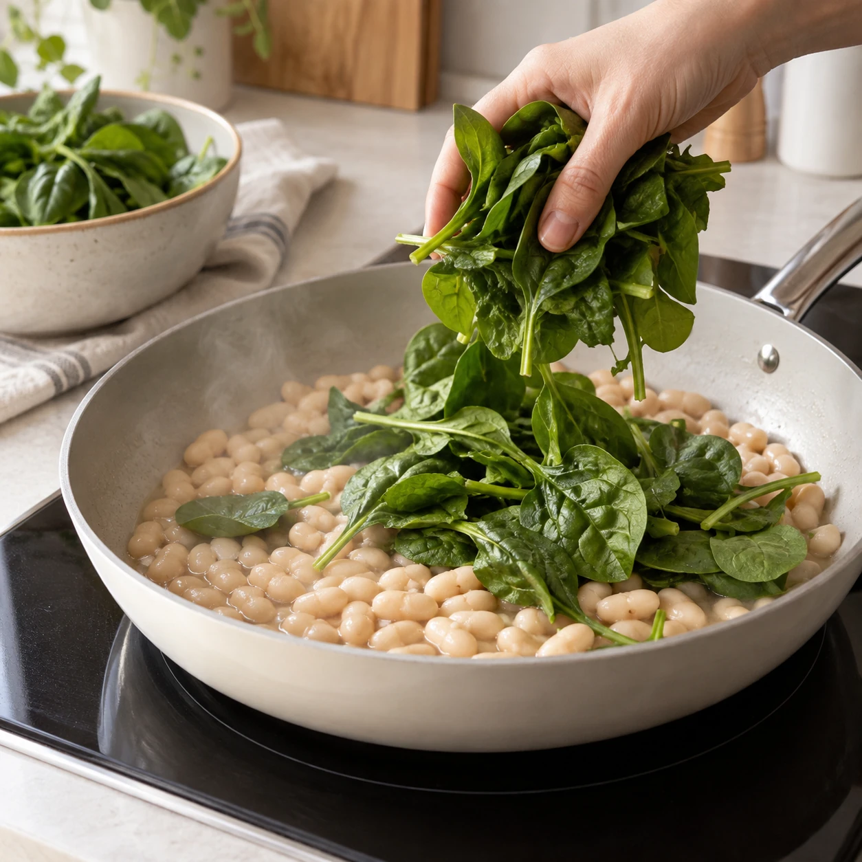Warm the beans and spinach