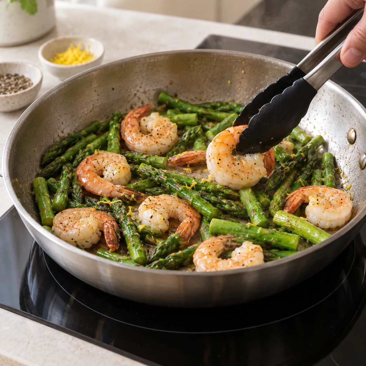Cook the asparagus and shrimp