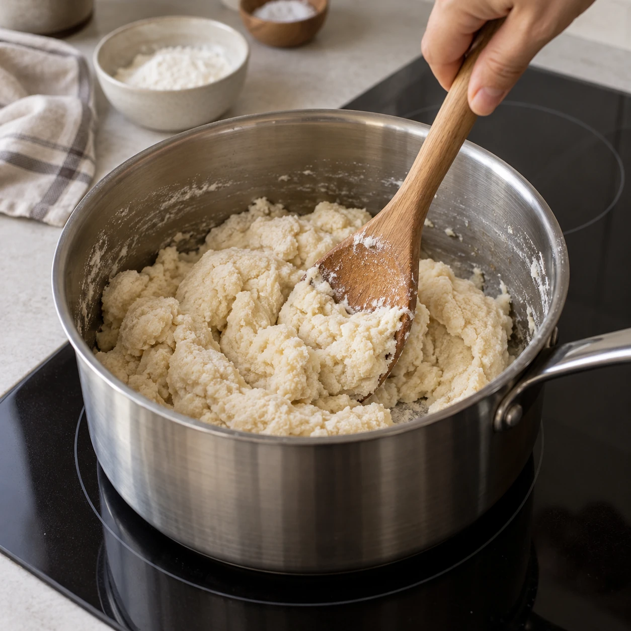 Stir the flour into hot water