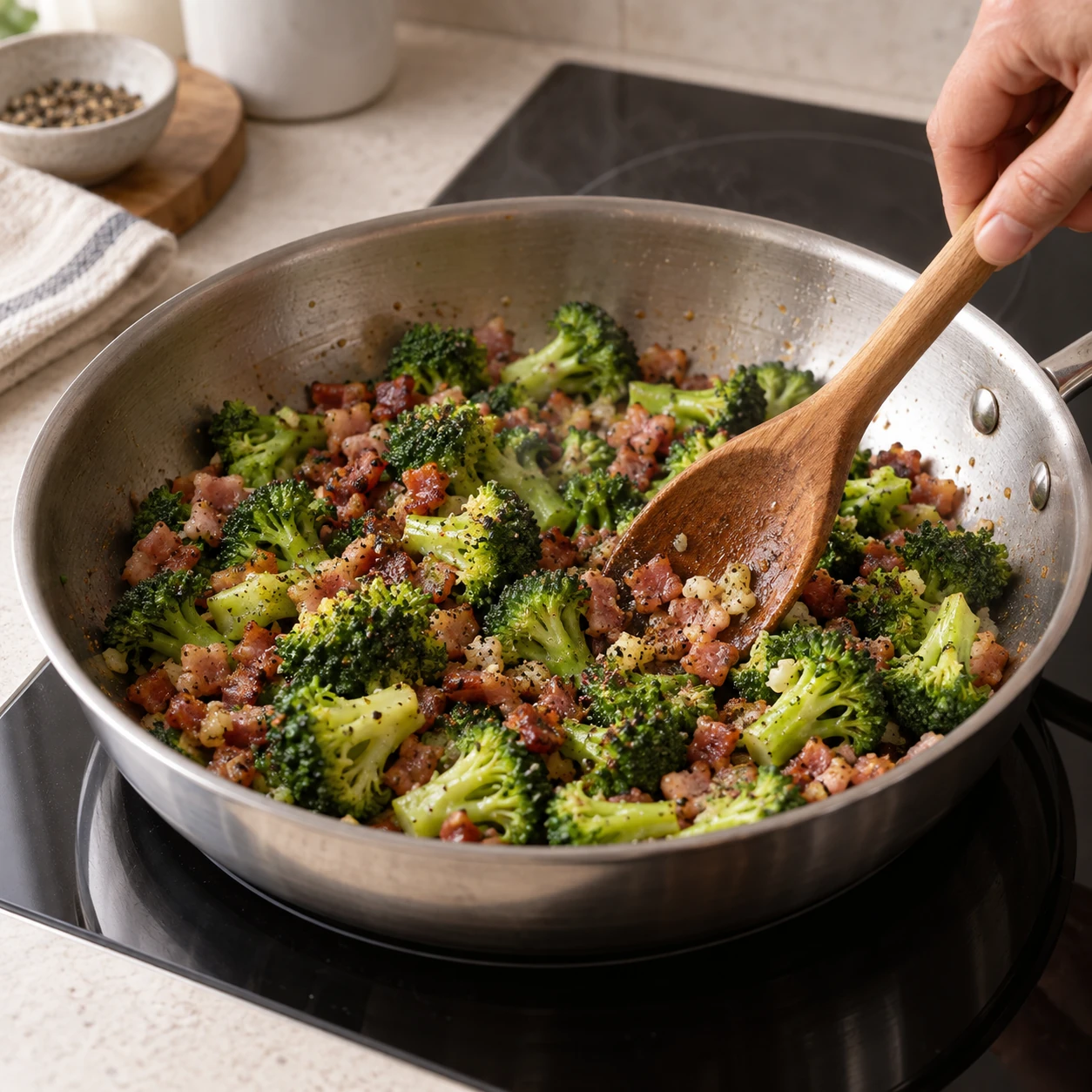 Cook the pancetta and broccoli