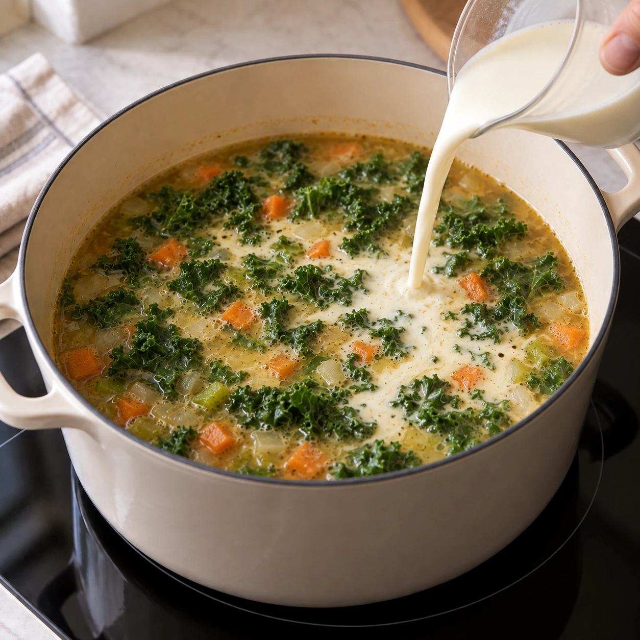 Add cream and kale