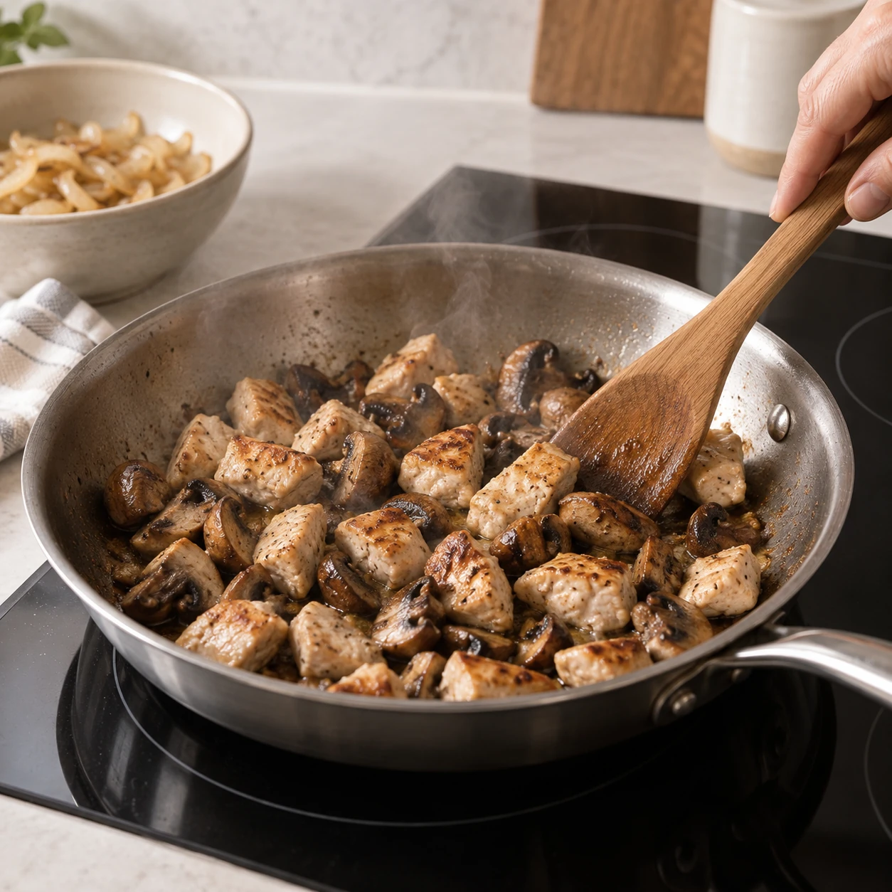 Brown the chicken and mushrooms