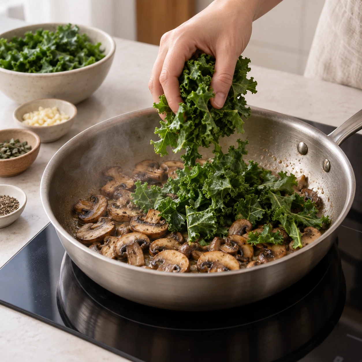 Cook the mushrooms and kale