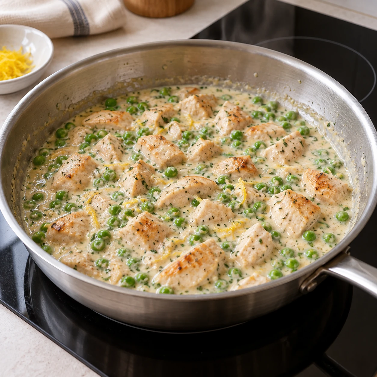 Build the cream and pea sauce