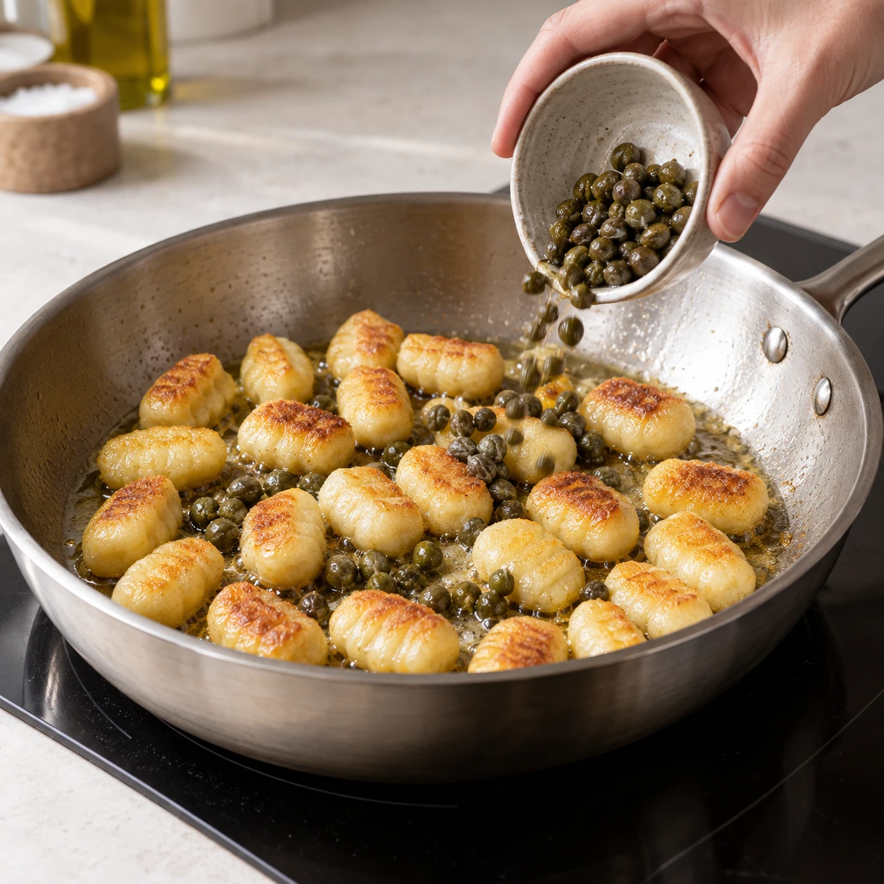 Crisp the gnocchi and capers
