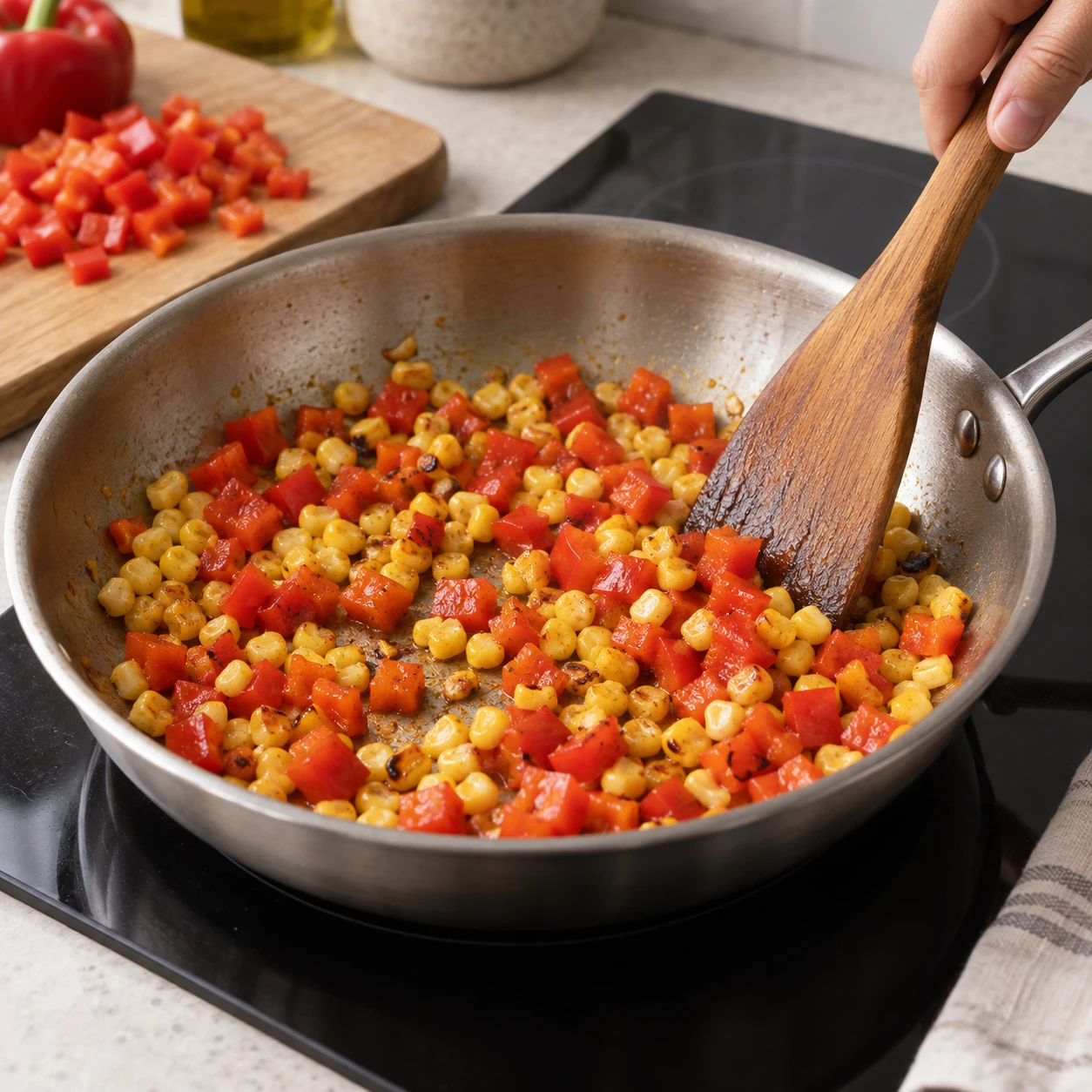 Cook the pepper and corn
