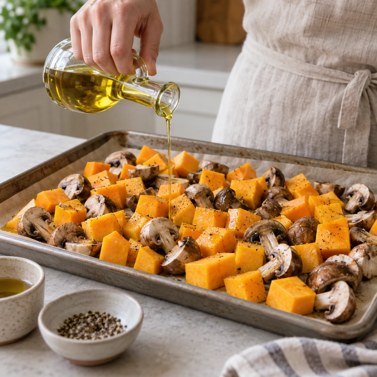 Roast the squash and mushrooms
